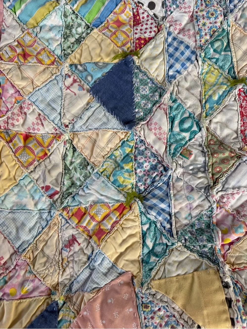 Vintage Scrappy Patchwork Quilt Hand Sewn Feedsack Textured Pastels 53x69 READ